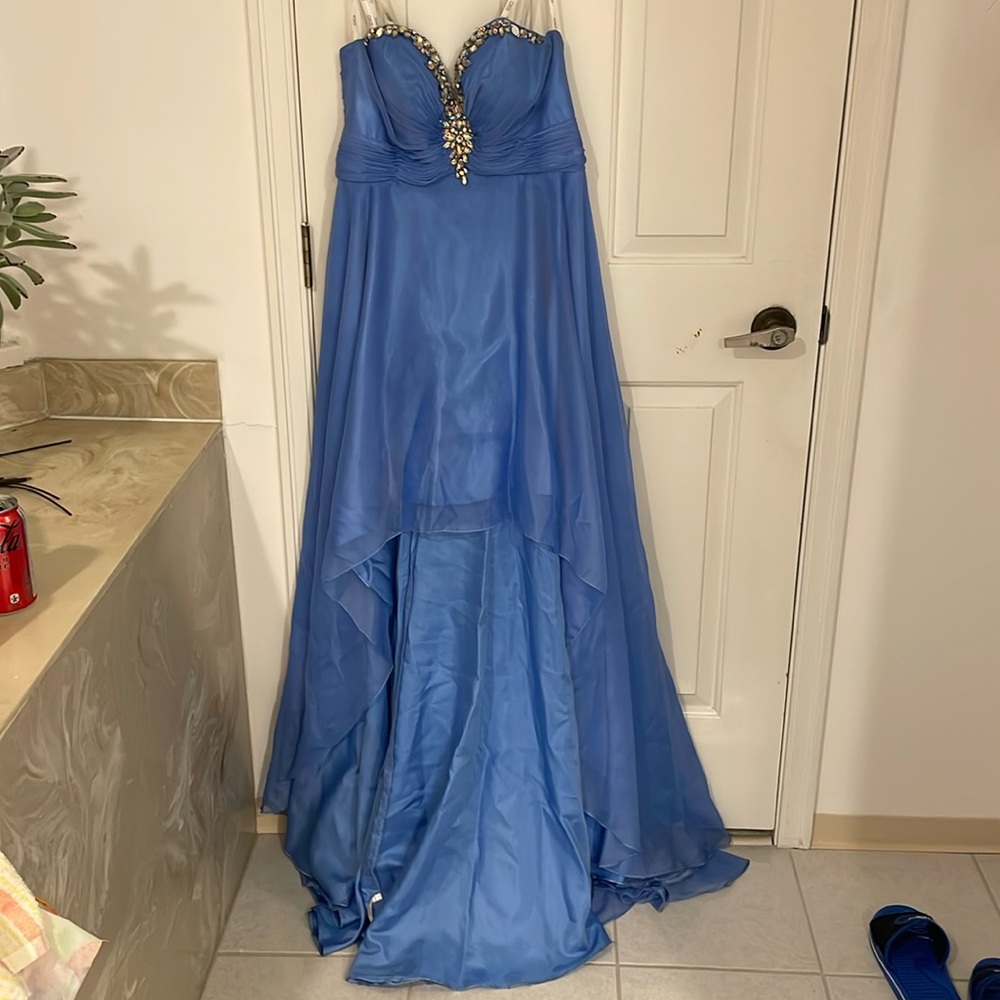 Evening gown strapless periwinkle with bejeweled neck line